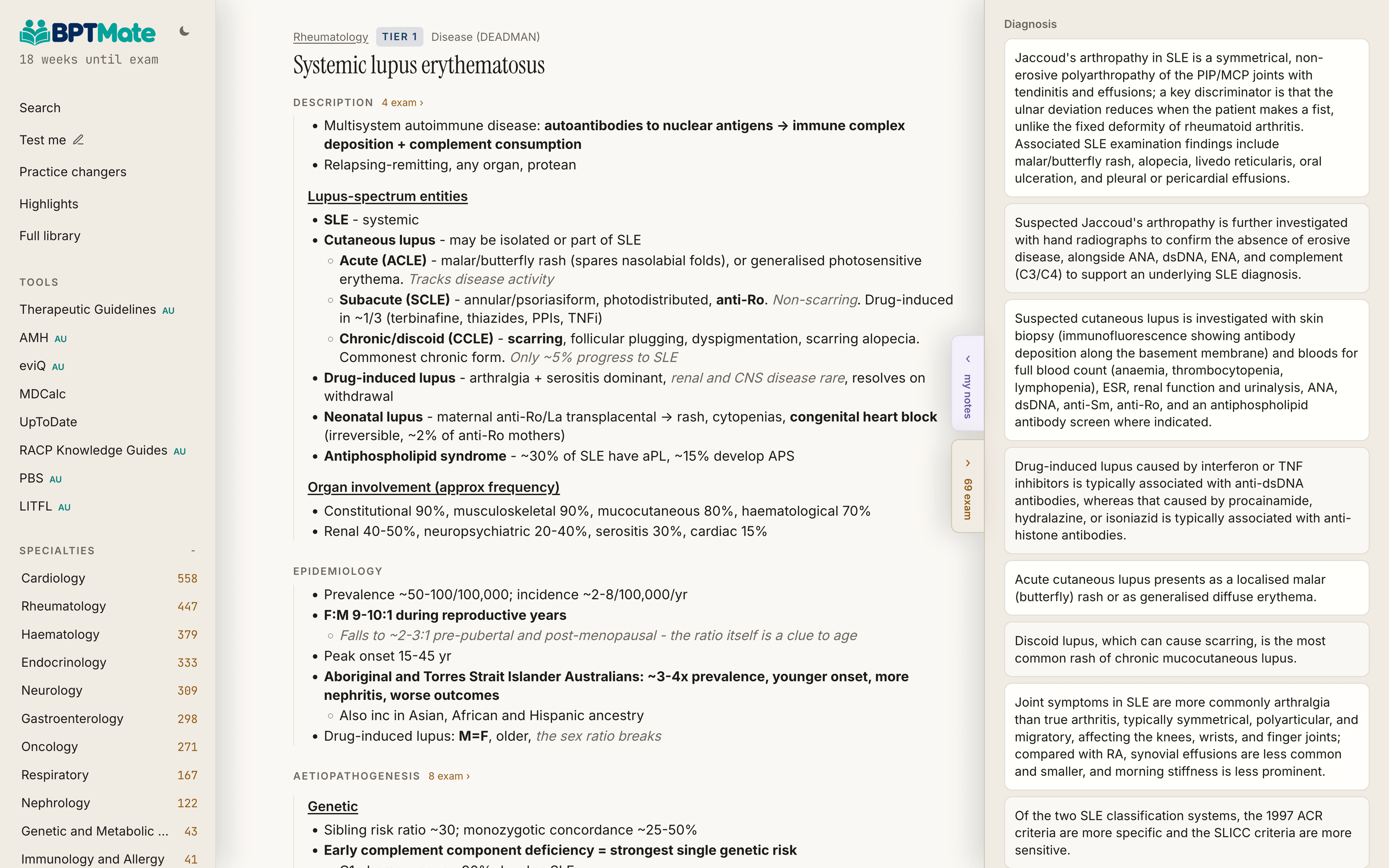 The systemic lupus erythematosus note with its exam facts drawer open